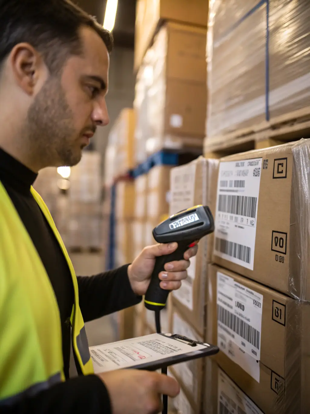 A close-up of a barcode scanner reading a parcel label, with a focus on the precision and technology involved in tracking shipments.