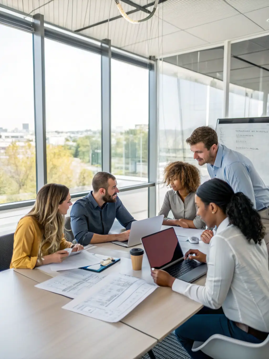 A diverse team of logistics professionals collaborating in a modern office, reviewing shipment data and optimizing delivery routes on large monitors.