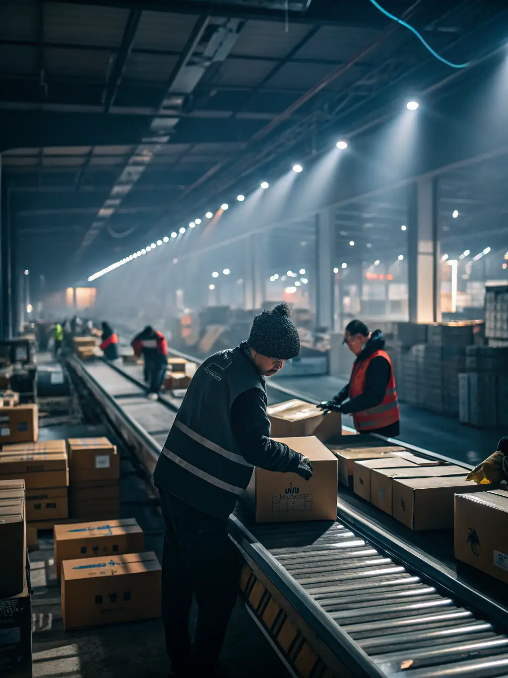 A high-angle shot of a modern warehouse interior, showcasing efficient parcel sorting and automated conveyor systems, with workers in safety vests overseeing the process.