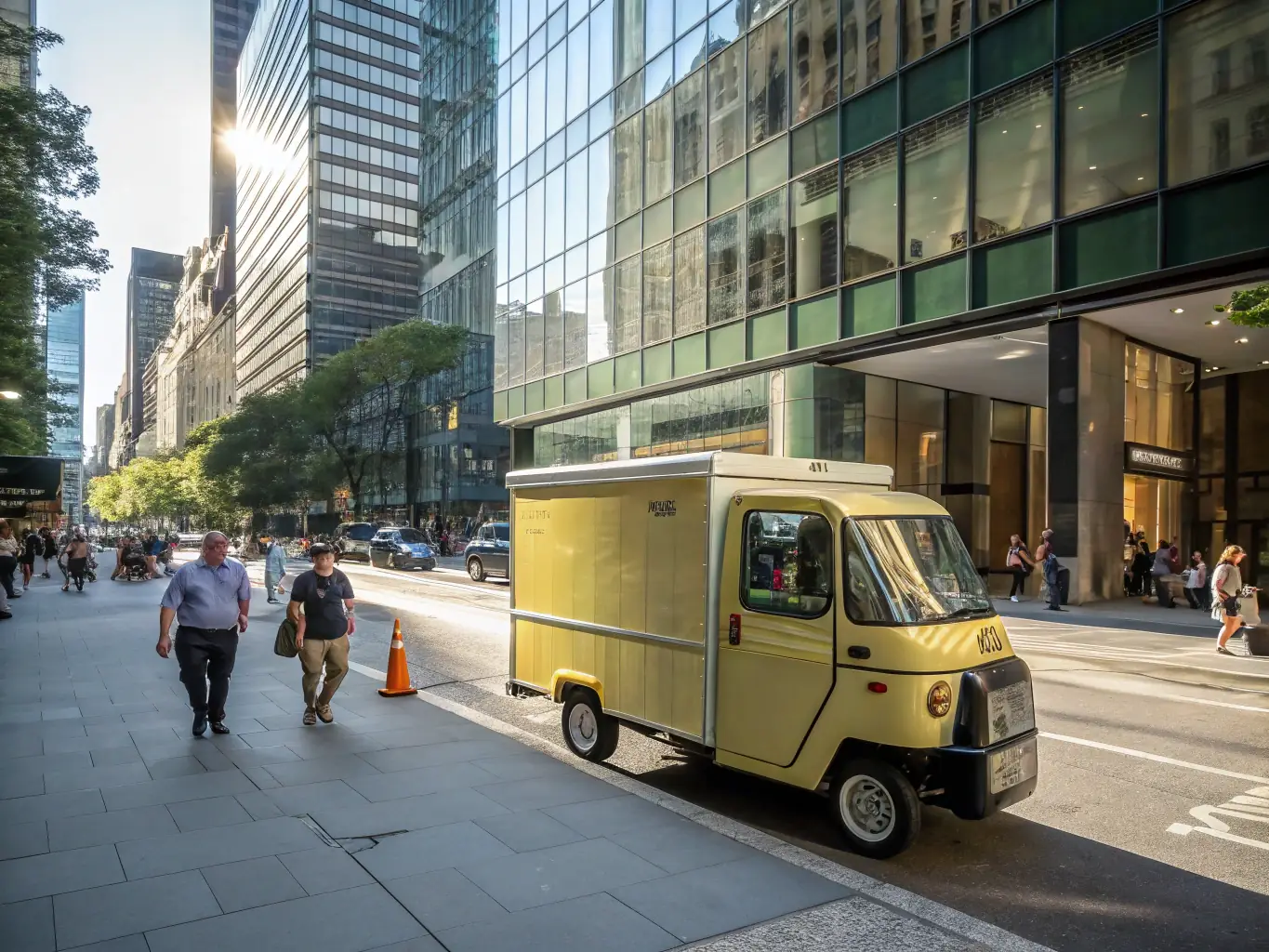 A detailed image showcasing a CargoTrack delivery van in a busy urban setting, emphasizing the speed and efficiency of urban logistics.